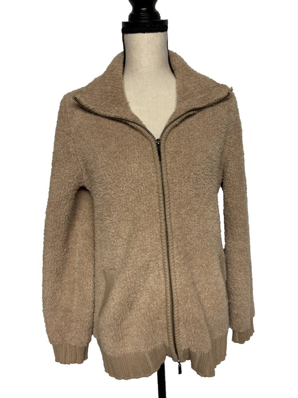 Soft Surroundings Full Zip Sweater Tan Beige Sherpa Pockets Size M Mock